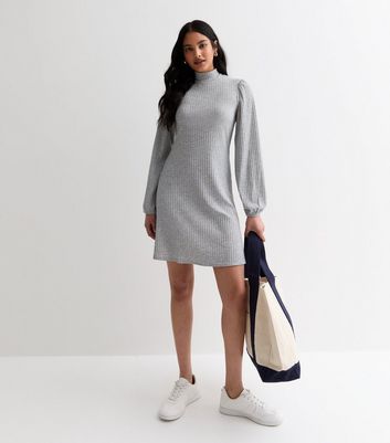 Grey Ribbed Jersey High Neck Mini Dress New Look