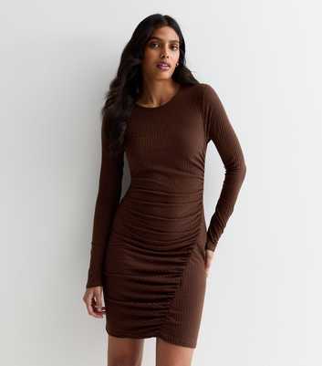 Dark Brown Ribbed Ruched Side Mini Dress
