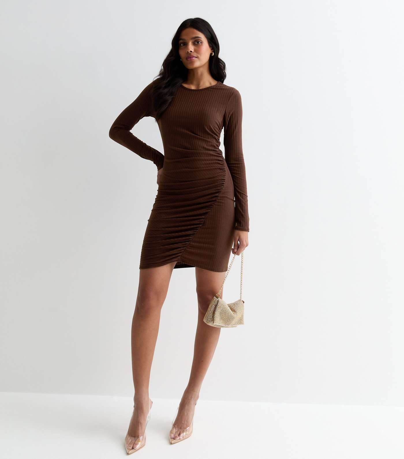 Dark Brown Ribbed Ruched Side Mini Dress Image 3