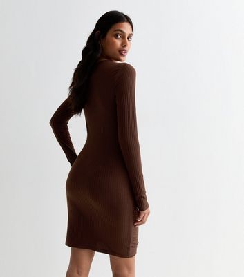 Dark Brown Ribbed Ruched Side Mini Dress New Look