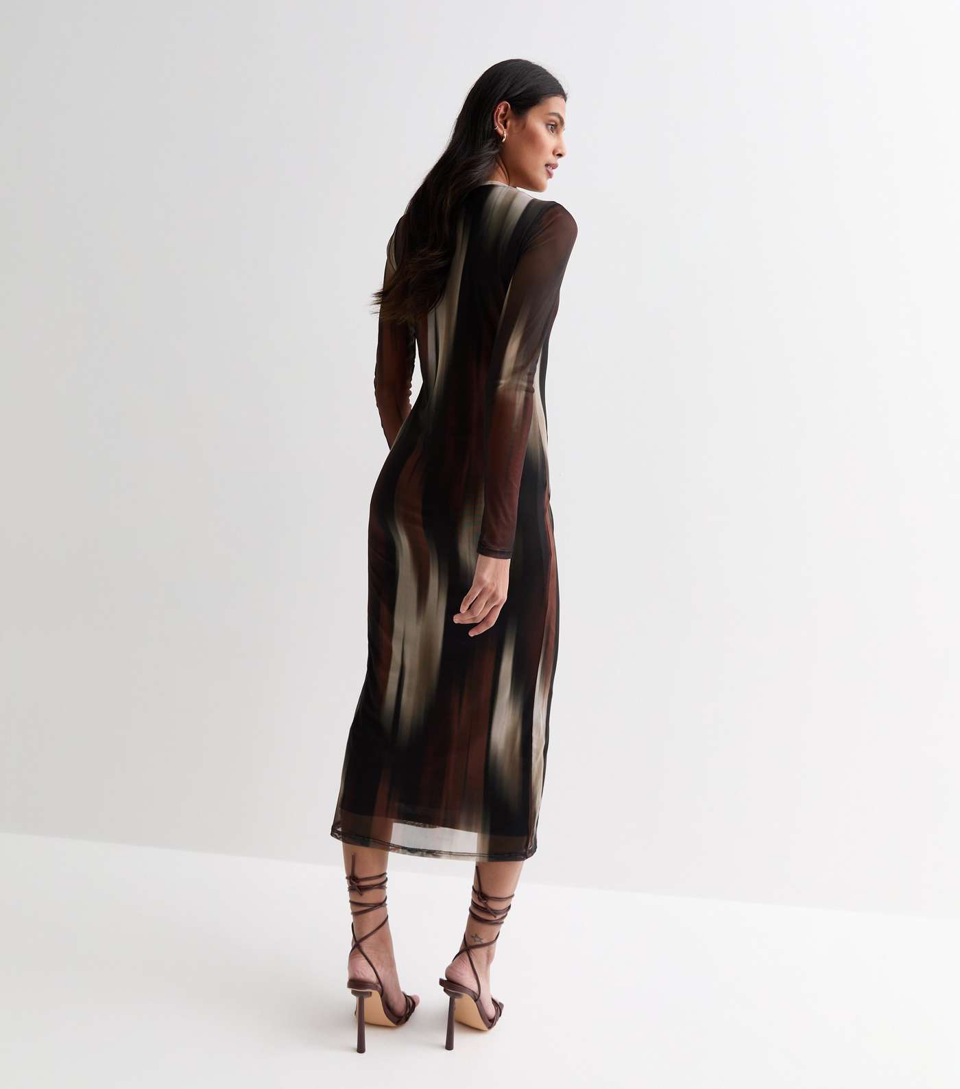 Brown Blur Print Mesh Bodycon Midi Dress Image 4