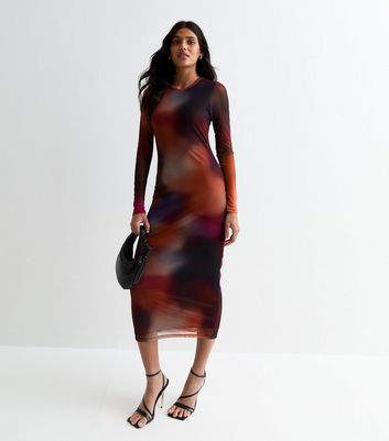 Red Blur Spot Mesh Bodycon Midi Dress New Look