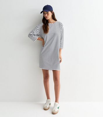 White Stripe 3/4 Sleeve Cotton Mini Dress New Look