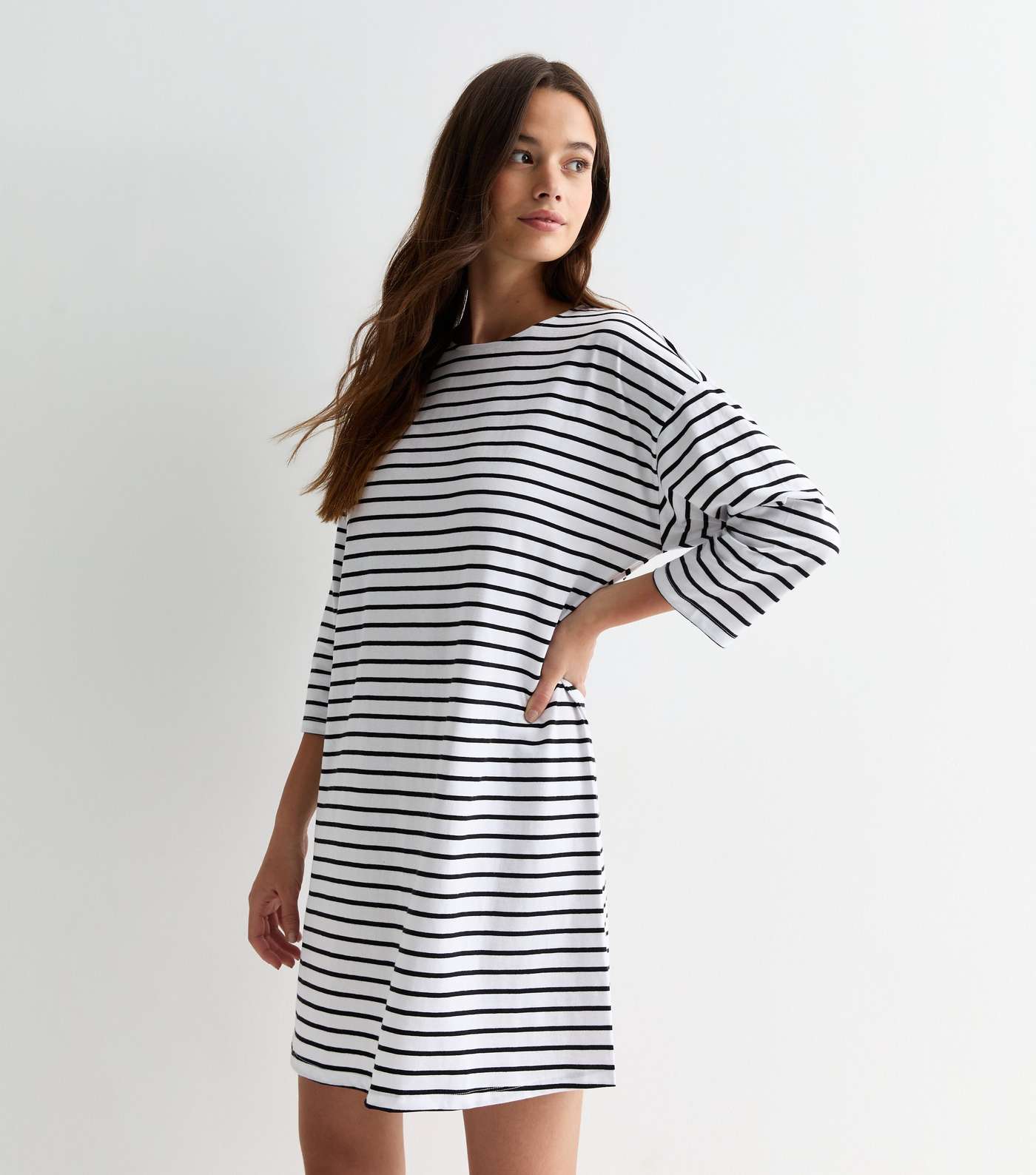 White Stripe 3/4 Sleeve Cotton Mini Dress Image 2