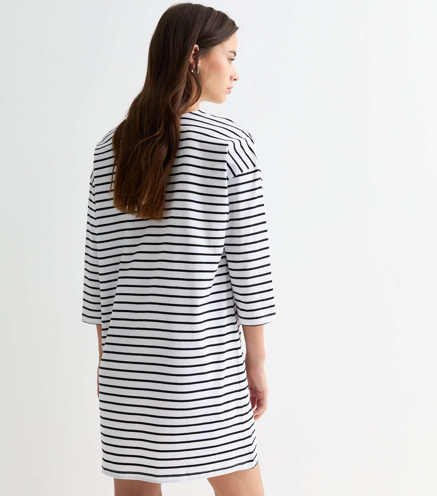 White Stripe 3/4 Sleeve Cotton Mini Dress Image 4