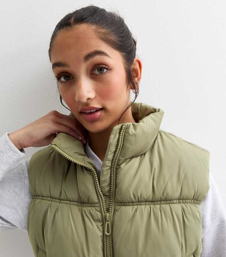 Girls Olive Crop Puffer Gilet 