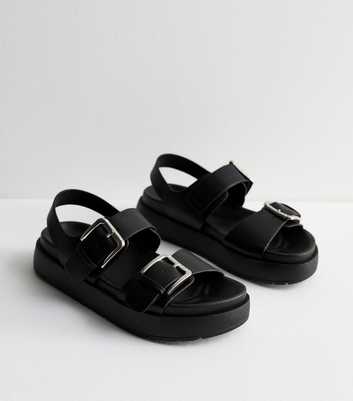Black Leather-Look Slingback Buckle Chunky Sandals