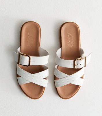 White Leather-Look Cross Strap Sandals New Look