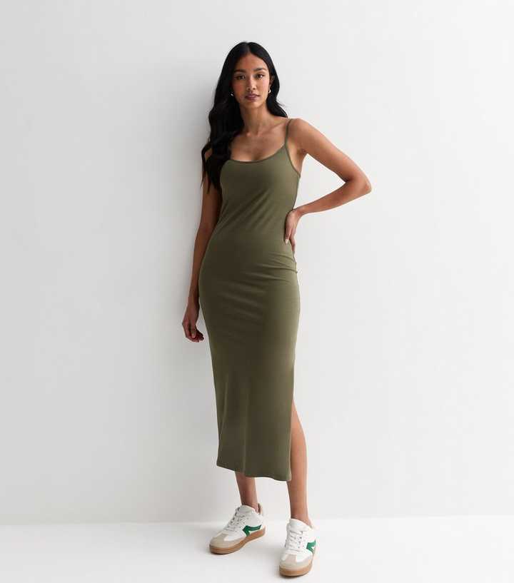 Khaki Cotton Strappy Split Hem Midi Dress
