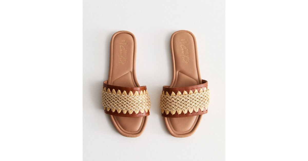 Wide Fit Tan Raffia Mule Sandals | New Look