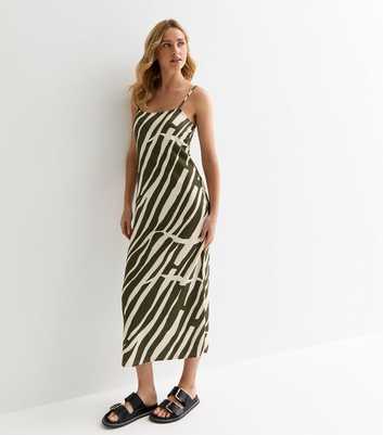 Green Zebra Print Crinkle Slip Midi Dress 