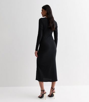 Black Ribbed Ruched Side Split Midi Dress | New Look