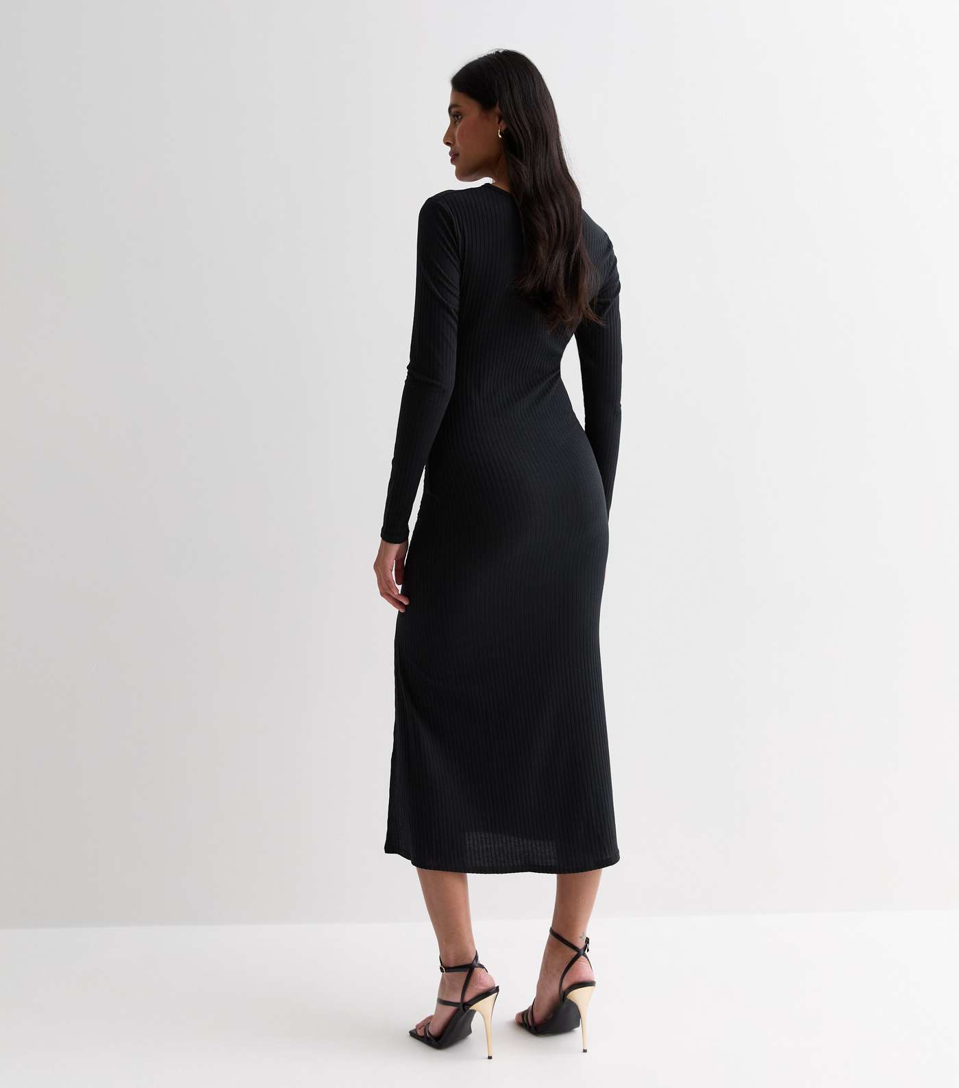 Black Ribbed Ruched Side Split Midi Dress Image 4