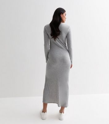 Grey Ribbed Ruched Side Split Midi Dress | New Look