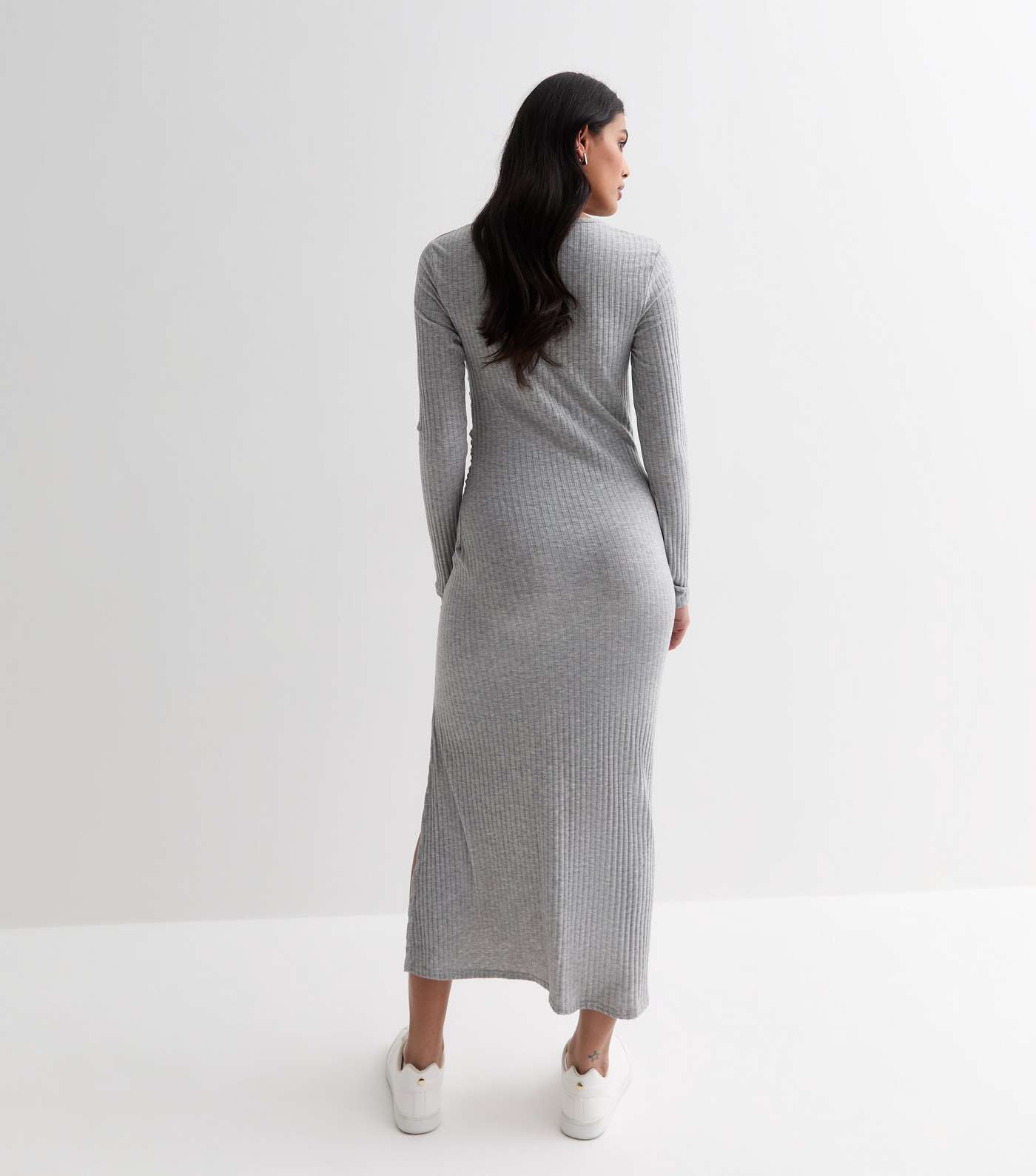 Grey Ribbed Ruched Side Split Midi Dress Image 4