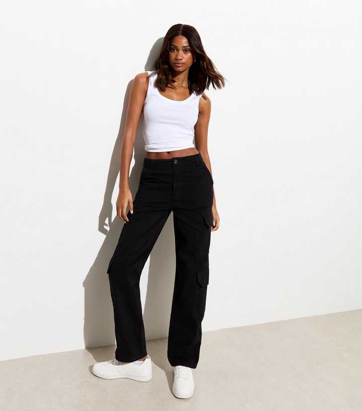 High Waisted Straight Leg Cargo Pants Womens Tall Black Khaki
