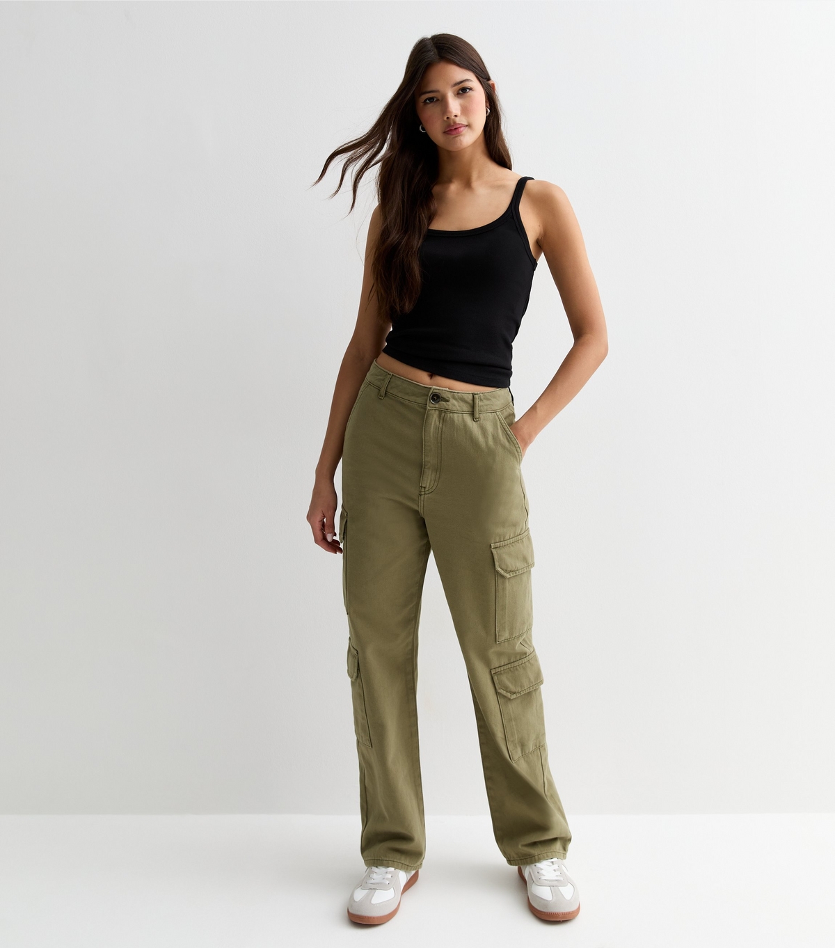 Women's Khaki Denim Straight Leg Cargo Trousers New Look