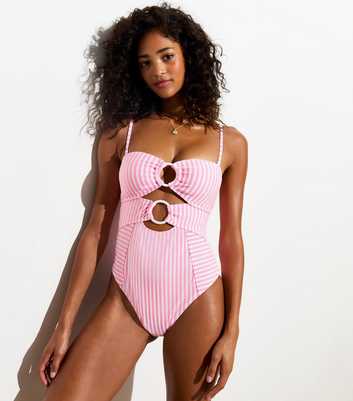 Pink Stripe Rib-Textured Cut Out Swimsuit 