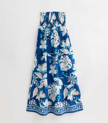 Blue Shirred Tropical Print Strapless Maxi Dress 