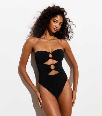 Black Crinkle-Textured Cut Out Swimsuit 