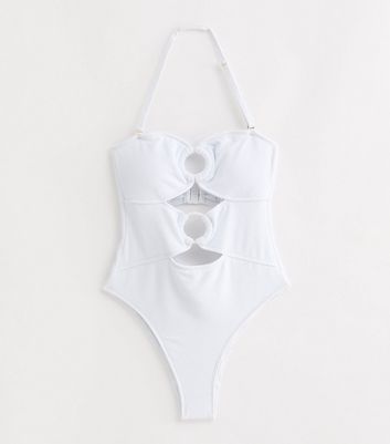 White Crinkle-Textured Cut Out Swimsuit New Look