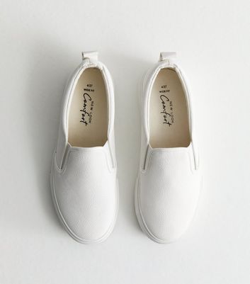 Wide Fit White Leather Look Slip On Plimsole Trainers New Look