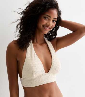 Cream Crochet High Halter Neck Bikini Top