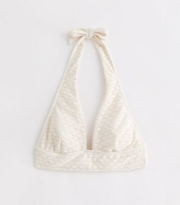 Cream Crochet High Halter Neck Bikini Top New Look