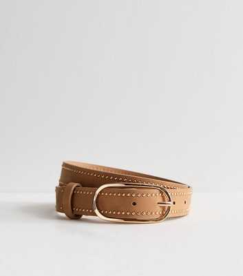 Tan Leather-Look Studded Belt
