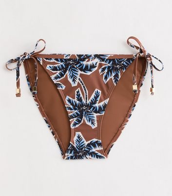 Brown Palm Tree-Print Tie Bikini Bottoms New Look