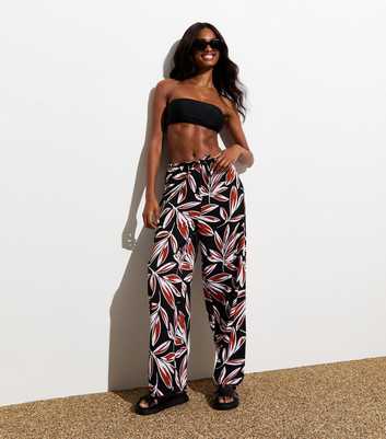 Black Leaf-Print Drawstring Trousers