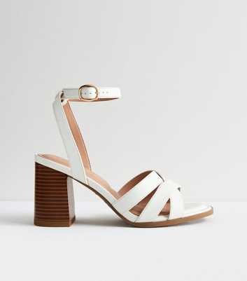 Wide Fit White Leather-Look Block Heel Sandals