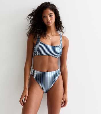 Blue Textured Stripe High-Waist Bikini Bottoms