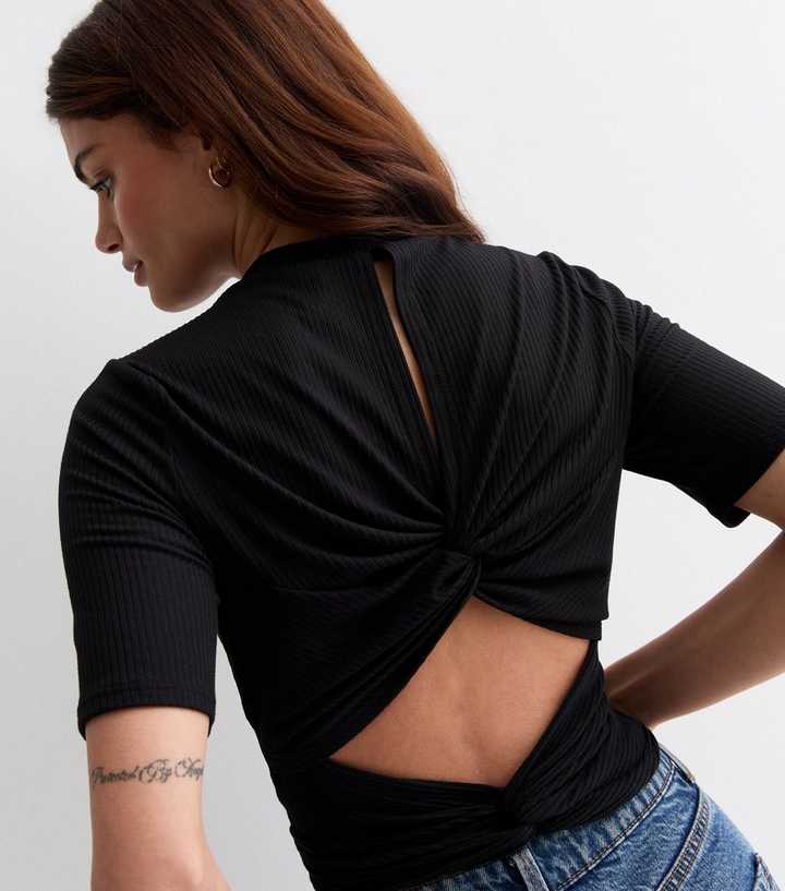 Black Ribbed Jersey Twist Back Top