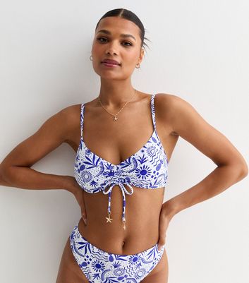 Blue Sun Print Padded Ruched Front Cropped Bikini Top New Look