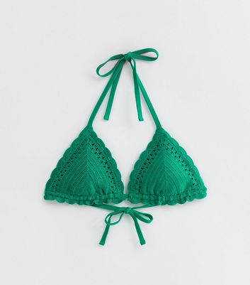 Green Crochet Triangle Bikini Top New Look