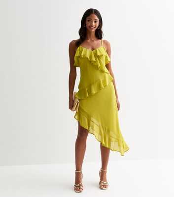 Bright Green Ruffle-Trim Asymmetric Strappy Dress