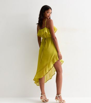 Bright Green Ruffle-Trim Asymmetric Strappy Dress New Look