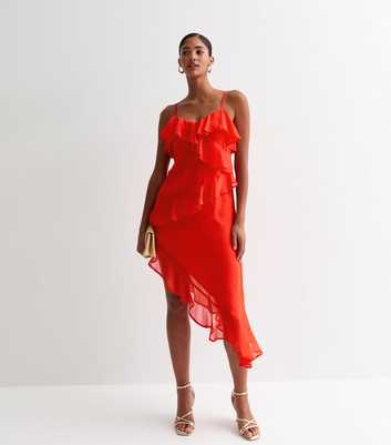 Red Ruffle-Trim Asymmetric Strappy Dress