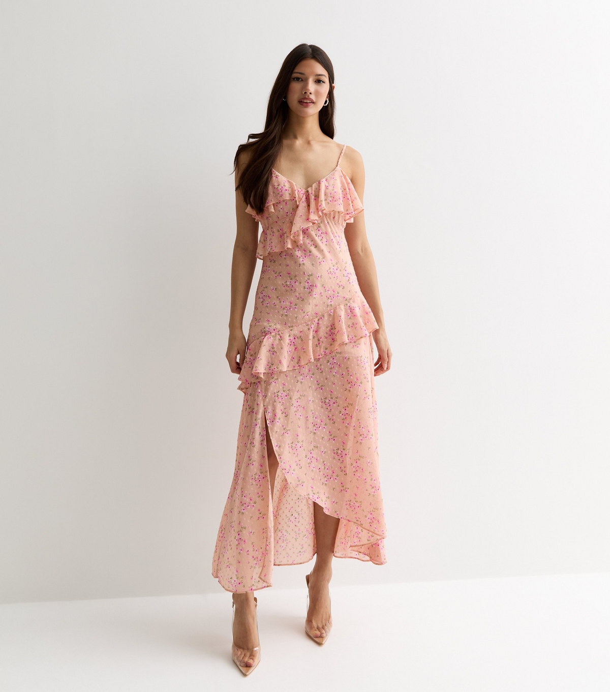 Women's Pink Floral Chiffon Strappy Ruffle Midi Dress New Look