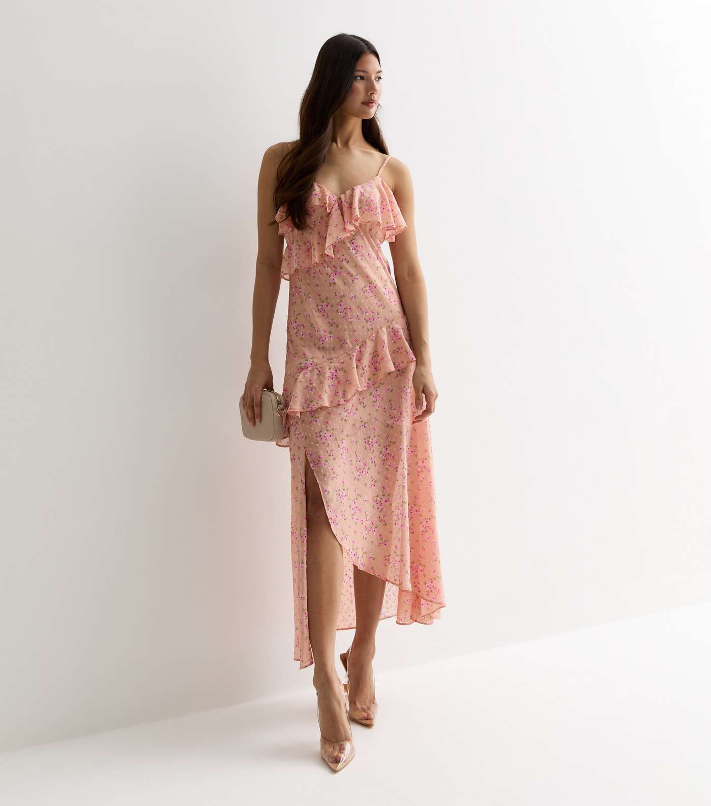 Pink Floral Chiffon Strappy Ruffle Midi Dress Image 3