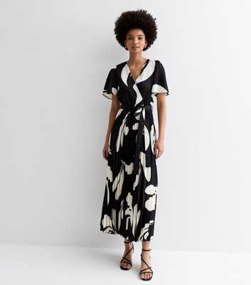 Tall Black Abstract Print Satin Pleated Midi Dress