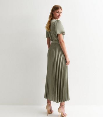 Tall Green Accordion Pleated Satin Midi Wrap Dress New Look