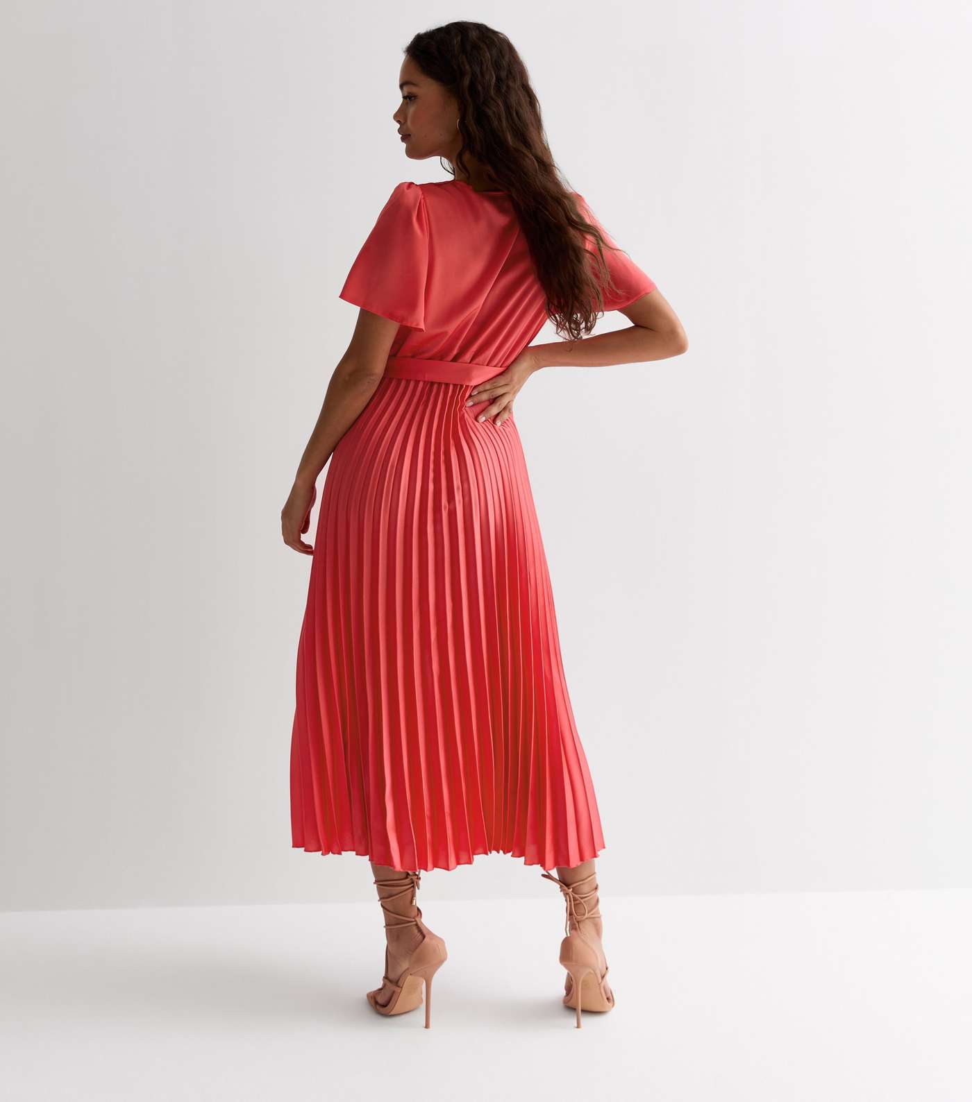 Petite Red Satin Wrap Pleated Midi Dress Image 4