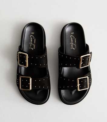Black Suedette Stud Embellished Flat Sandals