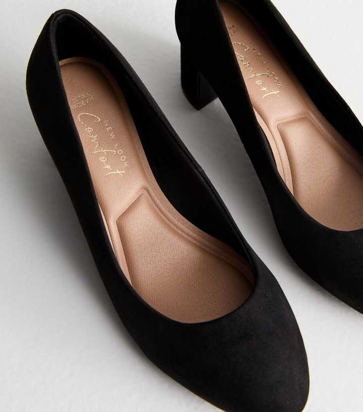 Extra Wide Fit Black Suedette Block Heel Court Shoes