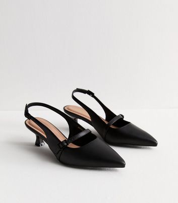 Black Leather Look Pointed-Toe Kitten Heels | New Look