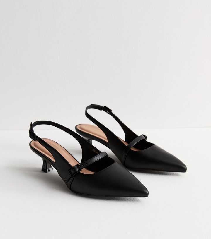 Black Leather Look Pointed-Toe Kitten Heels