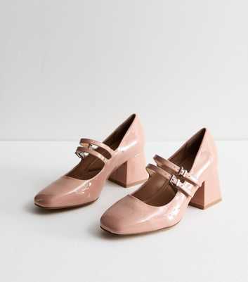 Wide Fit Pale Pink Patent Block Heel Mary Jane Shoes