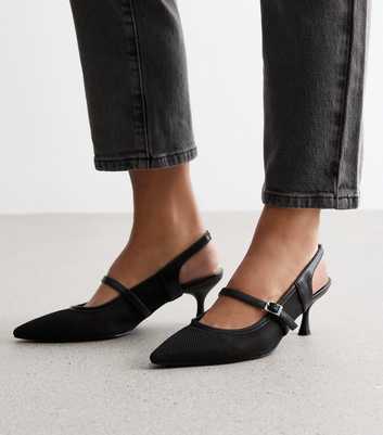 Black Mesh Pointed Toe Slingback Heel Court Shoes